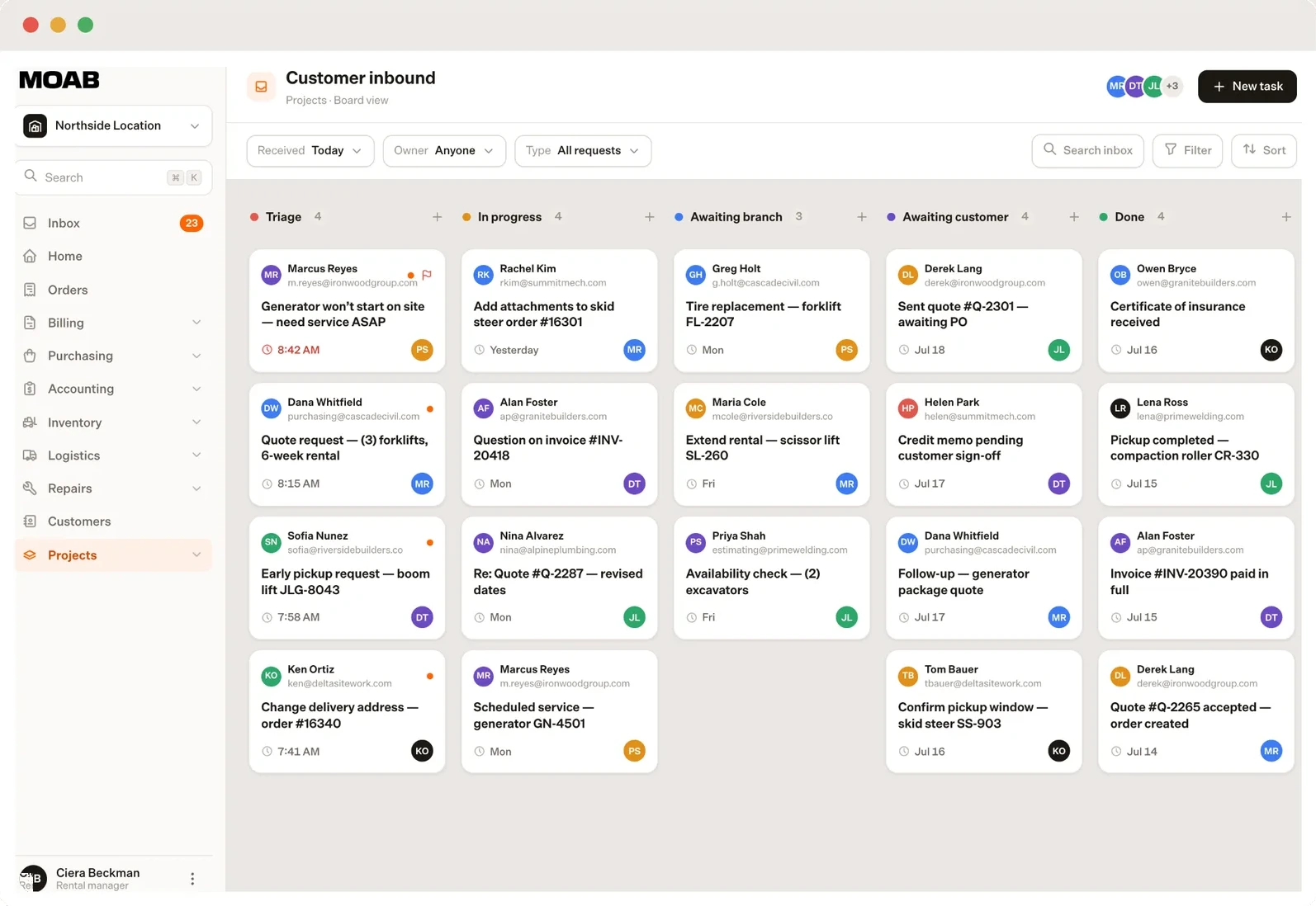 MOAB customer inbound board with service calls, quote requests, rental extensions, and invoice questions sorted by status