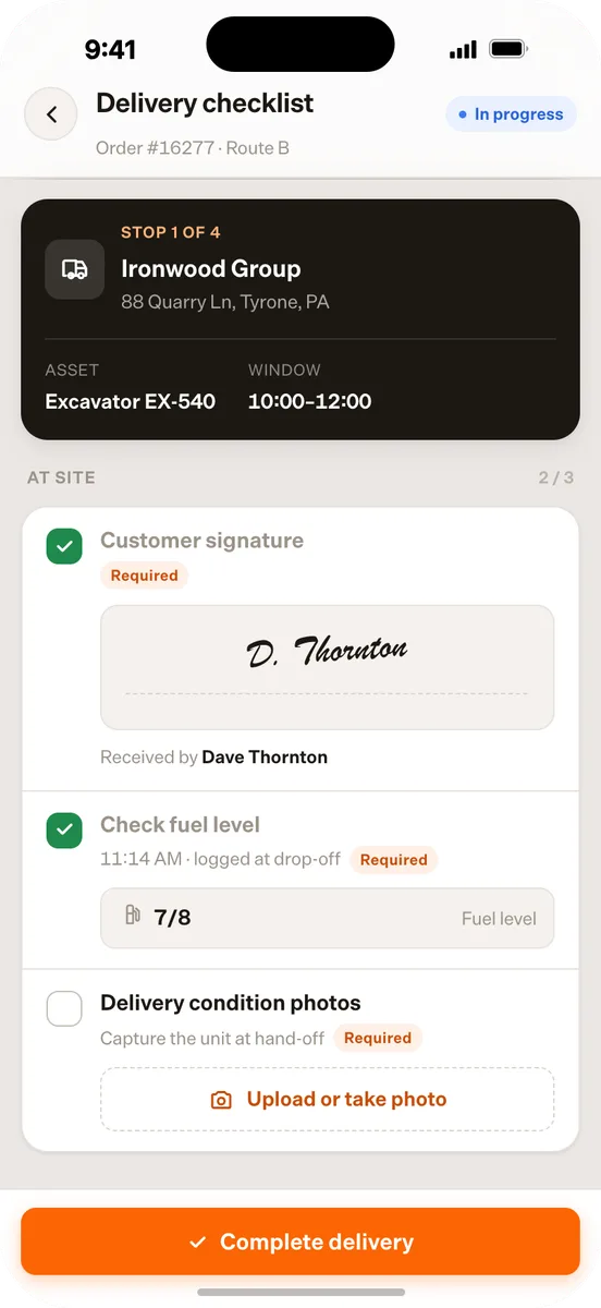 MOAB mobile delivery checklist with customer signature and condition photos