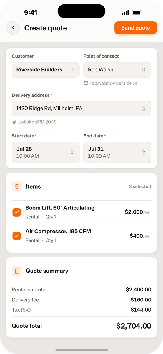 MOAB mobile quote screen with items and quote total