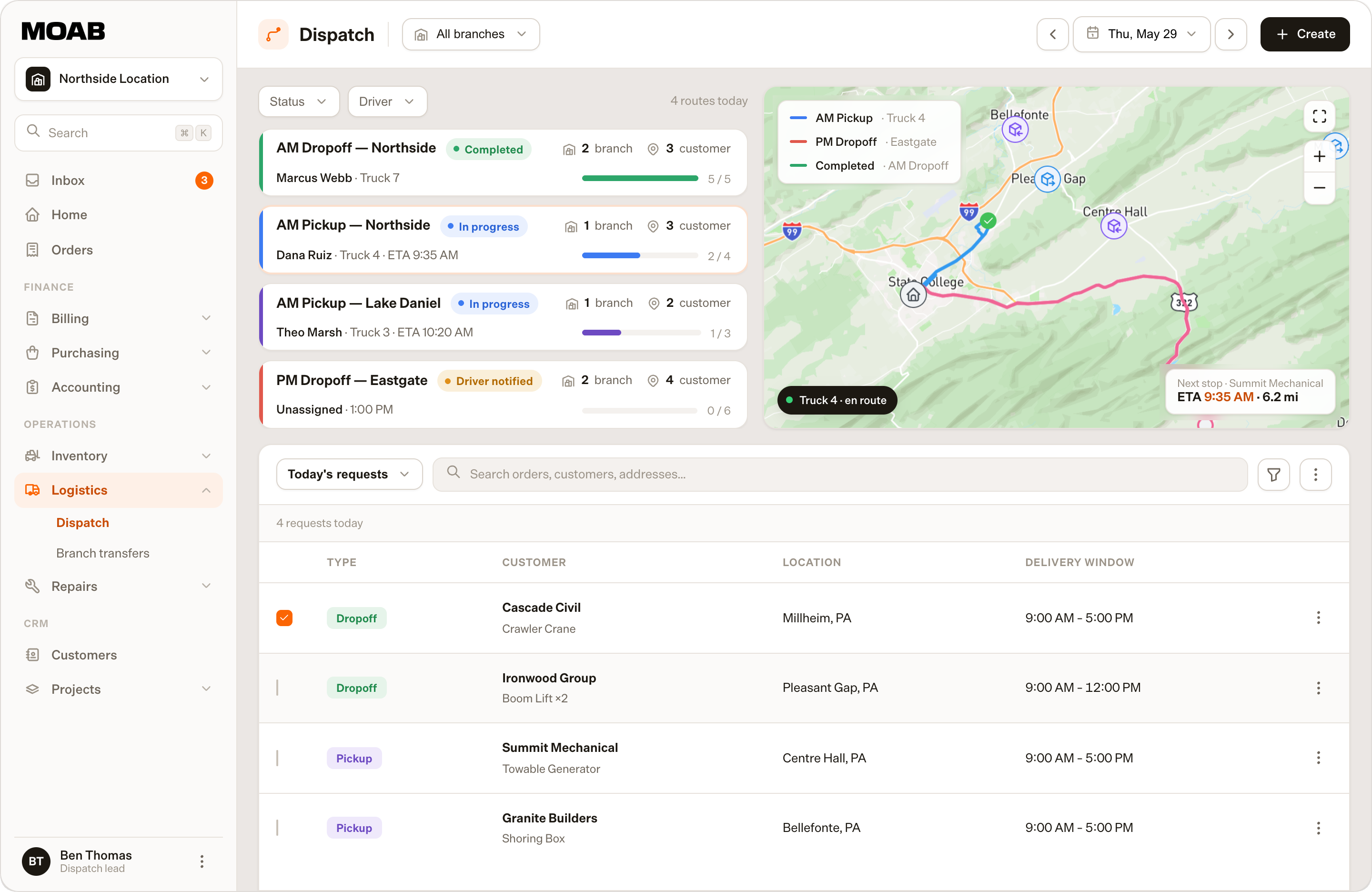 MOAB dispatch workspace: routes by driver, a live map across branches and today's delivery and pickup requests