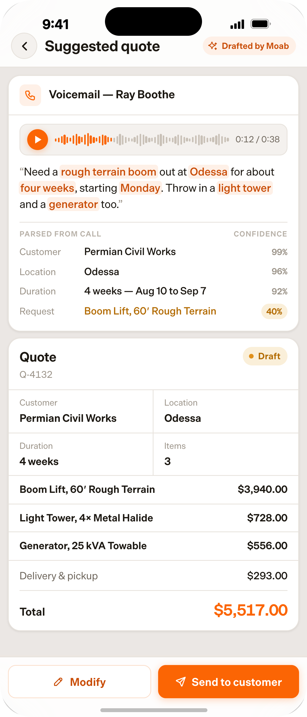 MOAB on a phone: a quote drafted from a customer voicemail, ready for the rep to review and send